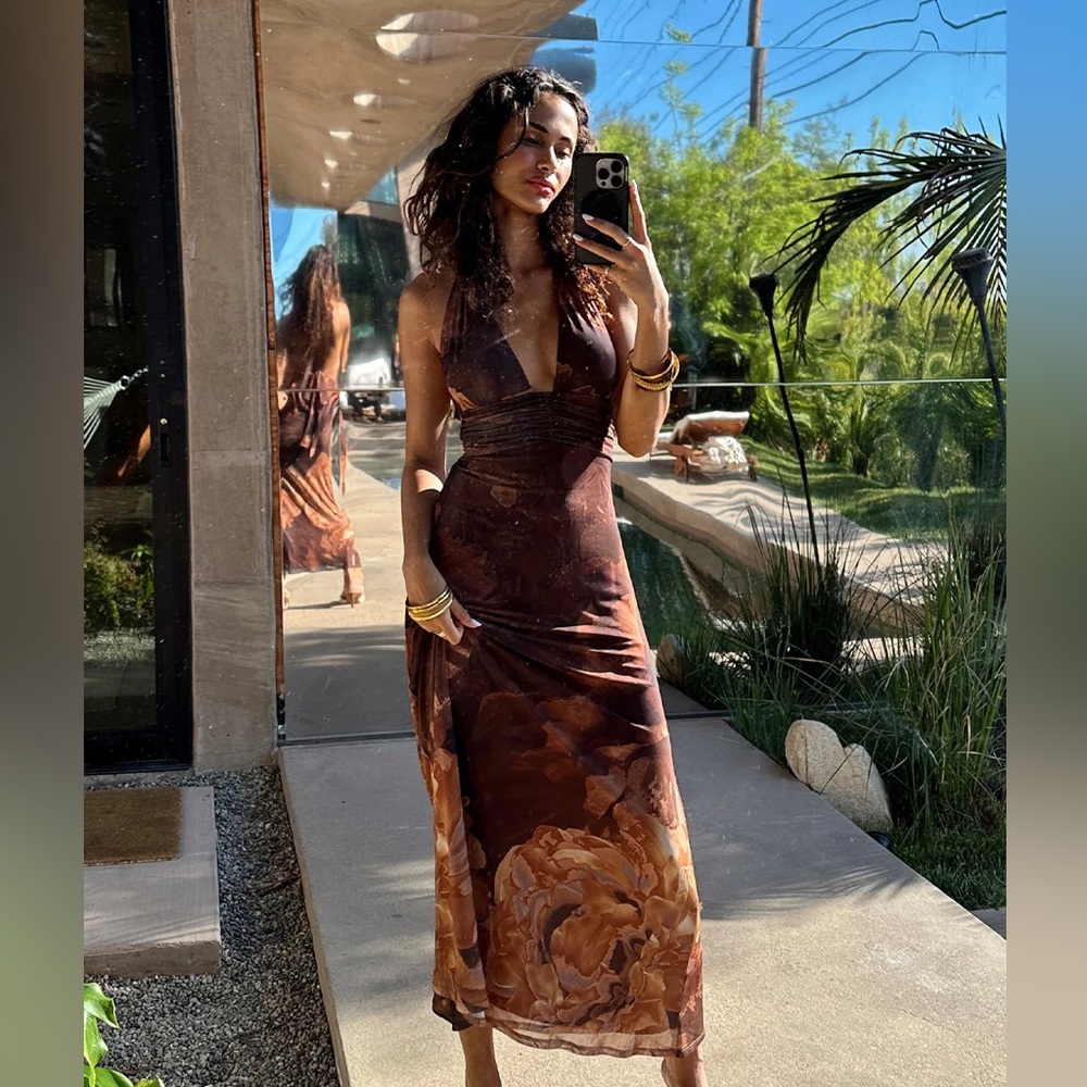 12th Tribe Rosalia Mocha Mesh Maxi Dress